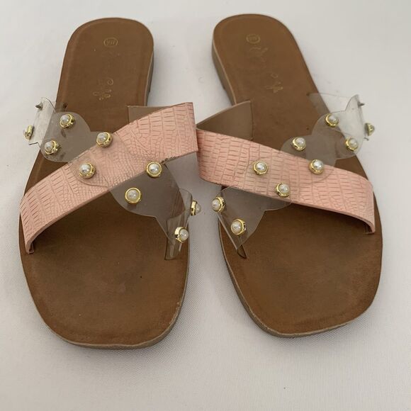 Jessica Carlyle Sandal Women 9 Pink Clear Strappy Slip On Pearls Preppy Beach - Picture 3 of 7